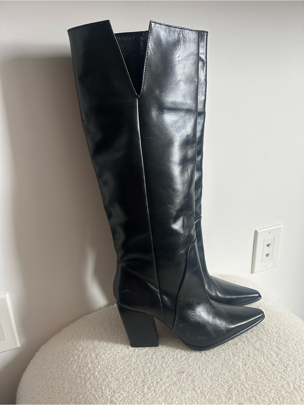 Zara Black Pointed Toe Knee-High Block Heel Boots
